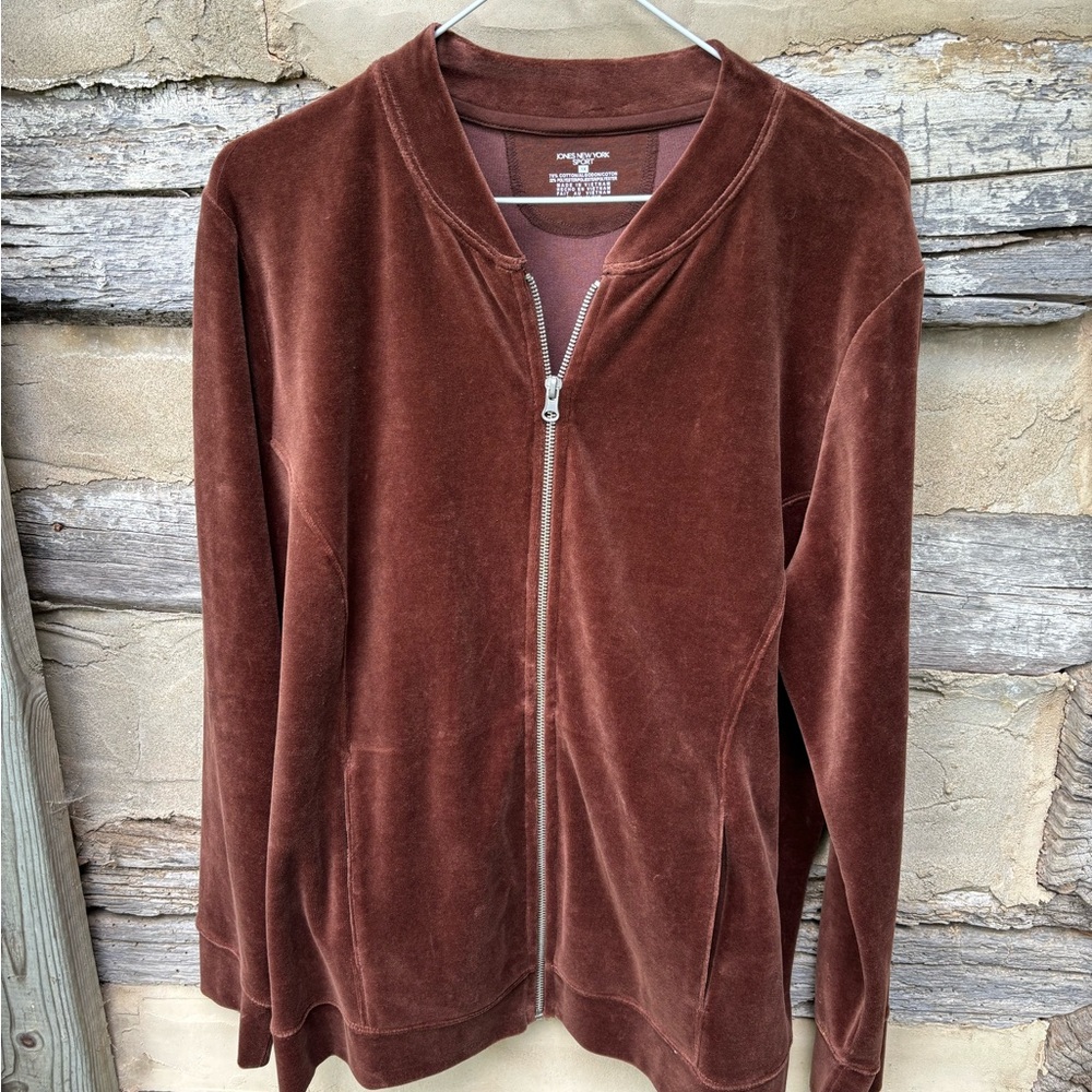 Jones New York Chocolate Zip-Up Velour Like Sweater/Jacket Size 1X NWOT